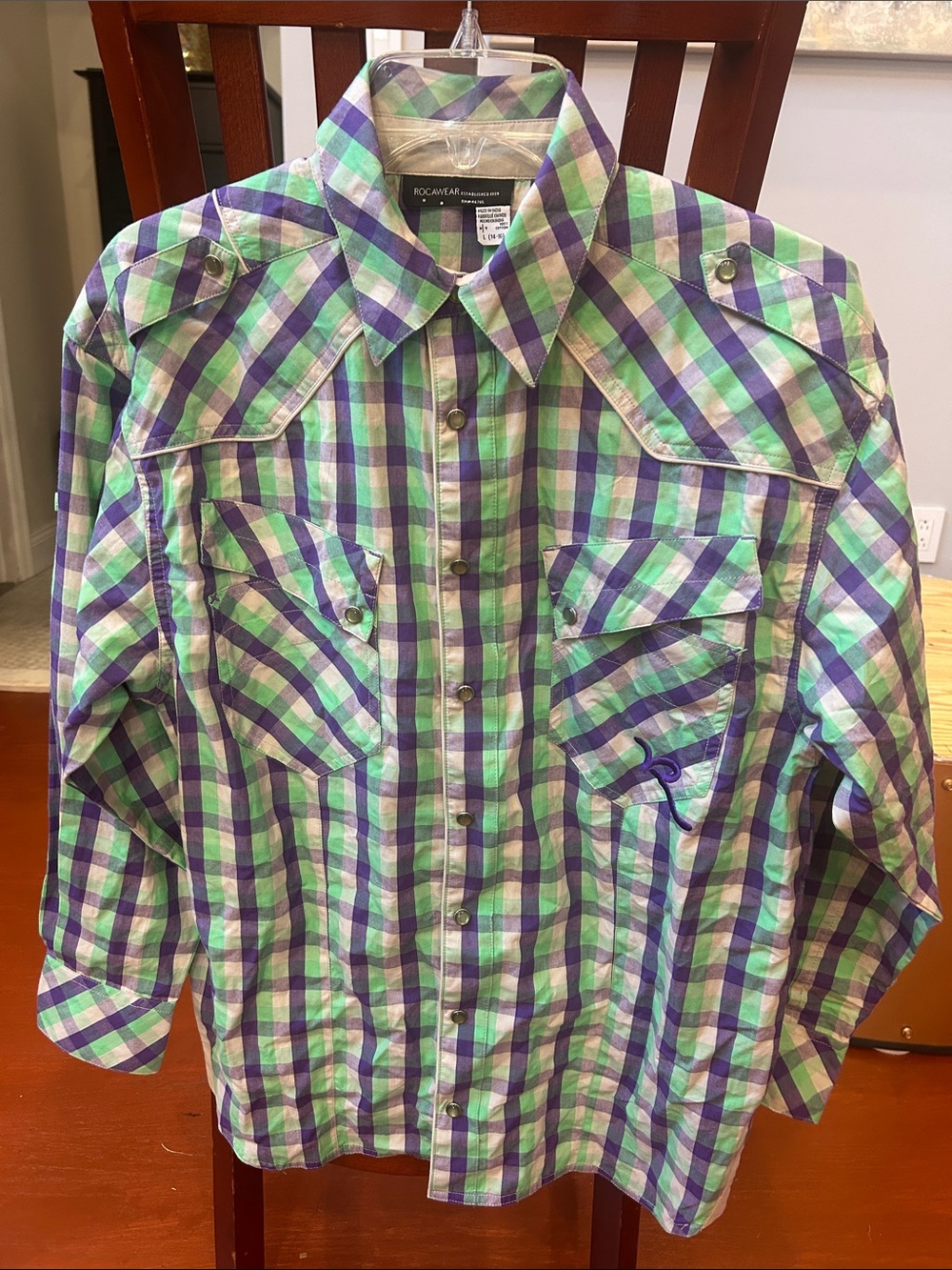 Rocawear Purple & Green Plaid Snap-Front Button Down Shirt
